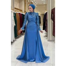 Pul Payet Saten Abiye 7064 Indigo