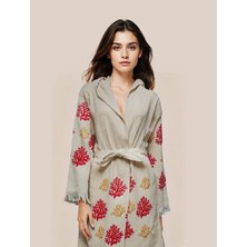 Kırmızı Mercan Desenli Pamuklu Müslin Kimono Bornoz Kaftan Sabahlık