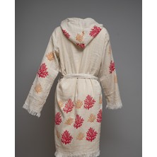 Kırmızı Mercan Desenli Pamuklu Müslin Kimono Bornoz Kaftan Sabahlık