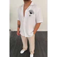 Nakış Detaylı Müslin Keten Kısa Kol Gömlek Beyaz