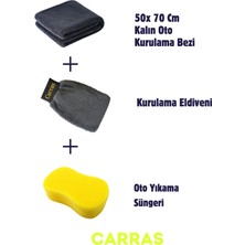 Carras Auto 3’lü Oto Yıkama ve Kurulama Seti (Kalın Kurulama Bezi+Mikrofiber Eldiven+Yıkama Süngeri)