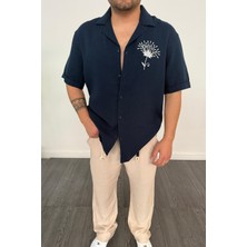 Nakış Detaylı Müslin Keten Kısa Kol Gömlek Lacivert