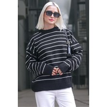 Kadın Bisiklet Yaka Çizgili Oversize Triko Kazak