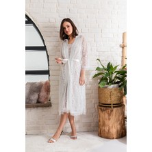 Gelin Set Transparan Maxi Boy Kuşaklı Sabahlık Ekru