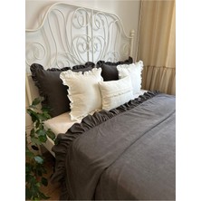 Vintage Fırfırlı Antrasit Gri Füme Yatak Örtüsü Çift Kişilik