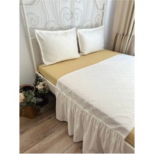 3 Parça Yatak Runner Set Ekru Saten Yatak Örtüsü Çift Kişilik