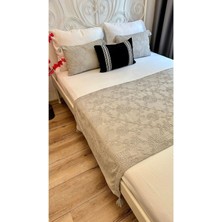 Gri Nakış Işlemeli Yatak Runner Set Çift Kişilik Bohem Yatak Örtüsü