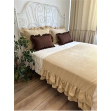 Bej Rengi Çift Katfırfırlı Yatak Runner Seti Çift Kişilik
