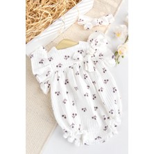 Babymod Yazlık Kız Bebek Tulum %100 Pamuk Müslin Kirazlı Desenli Fırfırlı Kol 36 cm