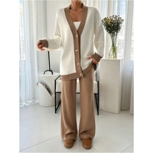 Camel Şerit Detaylı Hırka-Pantolon Triko Takım