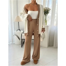 Camel Şerit Detaylı Hırka-Pantolon Triko Takım