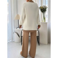 Camel Şerit Detaylı Hırka-Pantolon Triko Takım