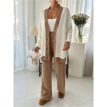 Camel Şerit Detaylı Hırka-Pantolon Triko Takım