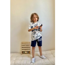 Sacro Kids Lacivert Dinozor Baskılı Şort-Tişört Yazlık Erkek Çocuk Takım