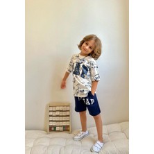 Sacro Kids Lacivert Dinozor Baskılı Şort-Tişört Yazlık Erkek Çocuk Takım