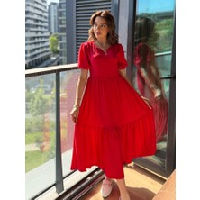 Adatakbutiq Kadın Kısa Kollu Yakası Açık Katlı Bürümcük Balon Elbise