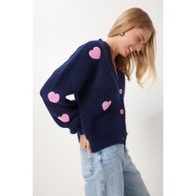 Kalp Motifli Oversize Triko Hırka