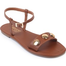 Celina Tek Bantlı Metal Aksesuarlı Bilekten Bantlı Düz Topuklu Yuvarlak Burunlu Kadın Sandalet