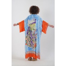 Mavi Tavus Kuşu Desenli Kimono
