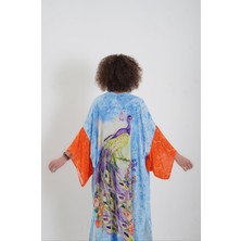 Mavi Tavus Kuşu Desenli Kimono