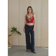 Kadın Bol Paça Ribanalı Beli Lastikli Dekoratif Bağcık Detaylı Pantolon