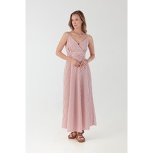 Çizgili Kruvaze Yaka Ip Askılı Elbise