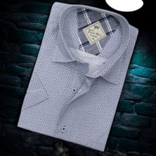 Linen Keten Klasik Kısa Kollu Desenli Mavi Erkek Gömlek (Regular Kalıp)