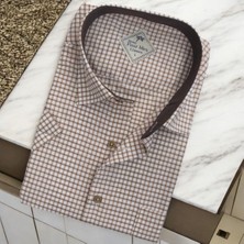 Linen Keten Klasik Kısa Kollu Kahverengi Çizgili Erkek Gömlek (Regular Kalıp)