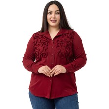 Büyük Beden Kabartmalı Kumaş Detaylı Bordo Gömlek