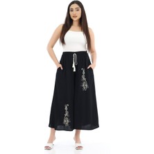 Kadın Viskon Bol Paça Bel Lastik Ip Bağlama Pantolon