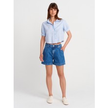 72000 Yan Cepli Pileli Denim Şort-Lacivert