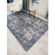 Gri Mavi Renk Geometrik Desen Kaymaz Taban Yolluk Halı