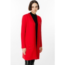 Kalpli Zımba Detaylı Kırmızı Kadın Uzun Hırka 49906-2K5 49906-2K5