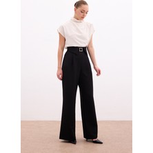 Sateen Bel Detaylı Geniş Paça Pantolon - Siyah