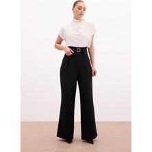 Sateen Bel Detaylı Geniş Paça Pantolon - Siyah