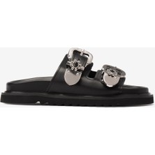 Seniorah Soleil Siyah Cilt Çift Kalın Bantlı Taşlı Kadın Terlik