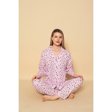 Kadın Kalp Desenli Mevsimlik Uzun Kol Gömlek Pijama Takımı