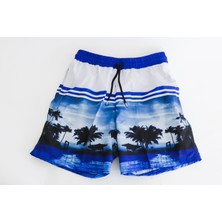 Mavi Manzara Baskılı Erkek Deniz Şortu – Tropikal Stil