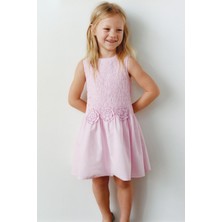 Kız Çocuk Pamuklu Pembe Çiçek Aplikeli Kat Etekli Elbise - Yazlık Kolsuz Model