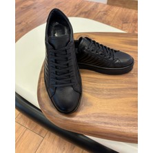 4253 Siyah Dikiş Detaylı Hakiki Deri Erkek Sneakers - Erkek Spor Ayakkabı