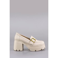 Mami Ayakkabı Kadın Msn 902 Yüksek Topuklu Loafer Bej Kemer Detaylı Deri Ayakkabı 8 cm Topuk ile Şıklık