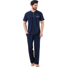 Erkek Bisiklet Yaka 3 Düğmeli Göğüs Cepli Pamuk Likra Mevsimlik Kısa Kol Pijama Takımı