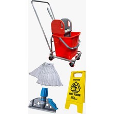 Teknotrust Tek Kovalı Krom Temizlik Arabası Paspas Arabası Temizlik Seti + Islak Mop Setli Kaygan Zemin Levhal