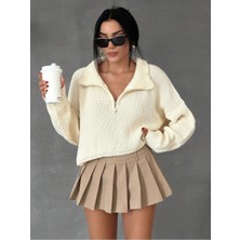 Kadın Oversize Fermuarlı Crop Triko Kazak