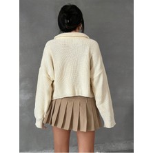 Kadın Oversize Fermuarlı Crop Triko Kazak