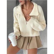 Kadın Oversize Fermuarlı Crop Triko Kazak