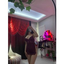 Zincir Detaylı Transparan Mor Mini Gecelik Elbise Takım