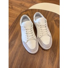 4253 Beyaz Süet Detaylı Hakiki Deri Erkek Sneakers - Erkek Spor Ayakkabı