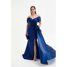 Kadın Lacivert Kayık Yaka Kuyruklu Uzun Abiye Elbise