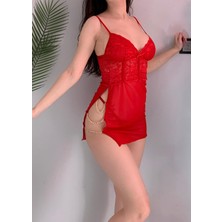 Zincir Detaylı Transparan Kırmızı Mini Gecelik Elbise Takım